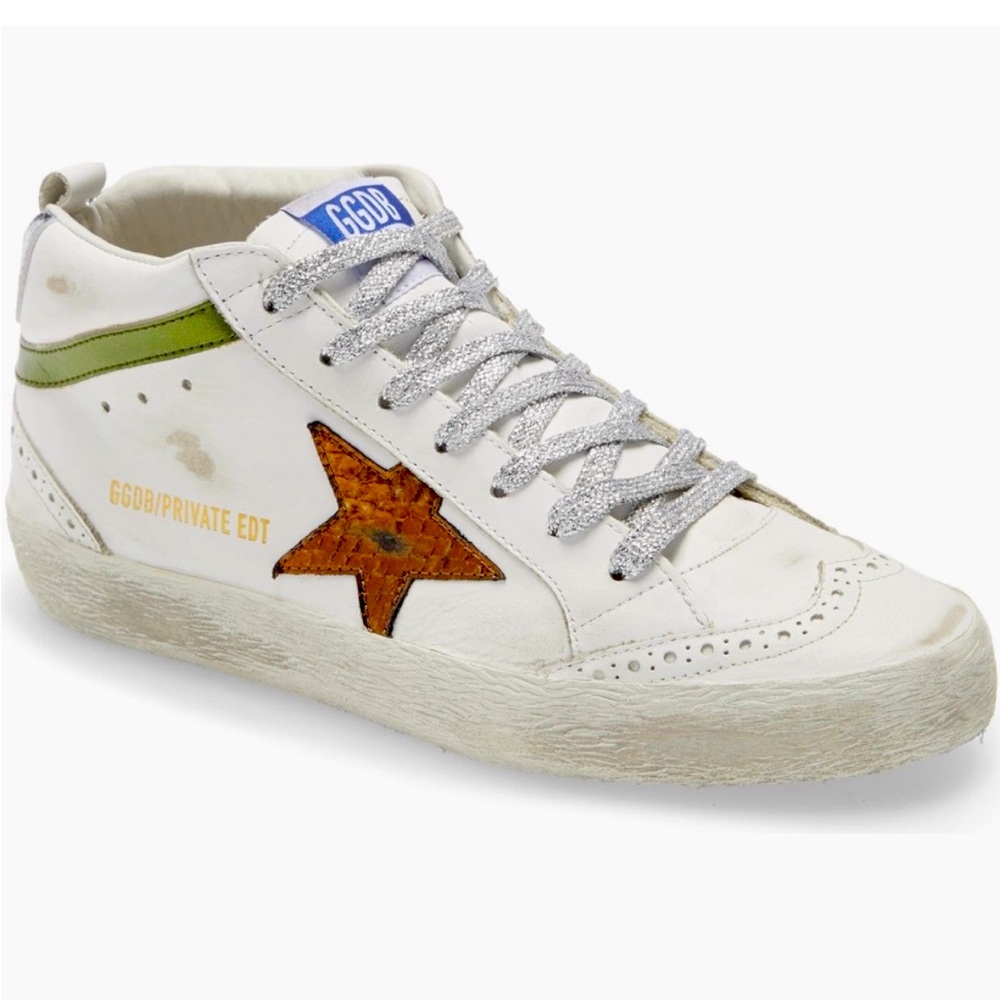 Golden Goose White Leather Sneakers with Orange Star and Green Accent